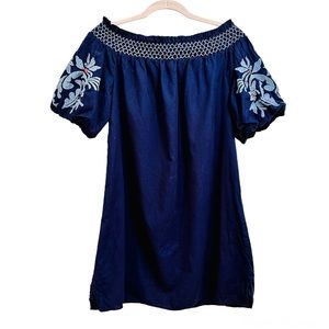 Beachlunchlounge navy cotton dress with embroidered balloon sleeves, size medium